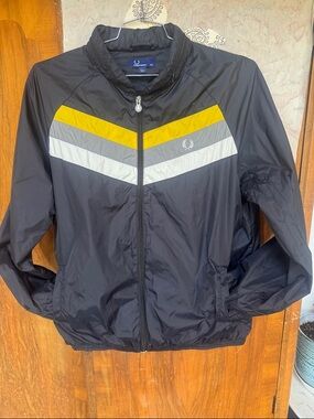 Fred Perry Black Windbreaker with Yellow, Gray & White Chevron XXL